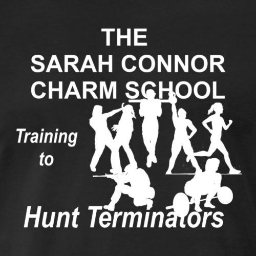T-shirt design with The Sarah Connor Charm School and Training to Hunt Terminators text and multiple silhouette figures working out, practicing self-defense or shooting